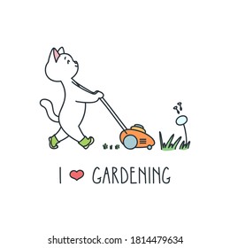 I love gardening. Illustration of a funny gardener cat cutting grass with a lawn mower isolated on a white background. Vector 10 EPS.