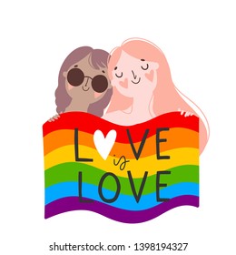 Love is Love. Gay couple hold rainbow gay flag. Woman Vector. Cartoon. Isolated art