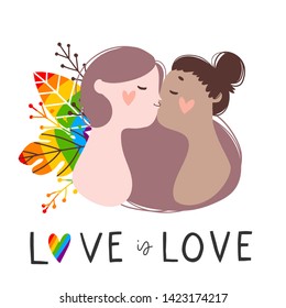 Love is Love. Gay couple kissing. Poster with girls and rainbow leaves. Woman Vector.Cartoon. Isolated art