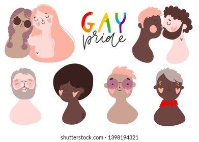 Love is love. Gay pride. LGBTQ. Set of different people, couple in love. Cartoon styled llustrations and lettering collection good for stickers, prints, tatoo design, cards. In gental colors.