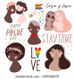 Love is love. Gay pride. LGBTQ. Set of different people, couple in love. Cartoon styled llustrations and lettering collection good for stickers, prints, tatoo design, cards. In gental colors.