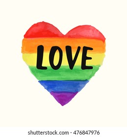 "Love" Gay Pride poster rainbow spectrum heart shape, brush lettering. Homosexuality emblem. LGBT rights concept. Parade announcement banner, event placard, sticker, invitation card design