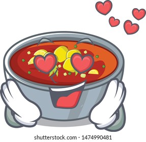 In love gazpacho dishes above wooden table character