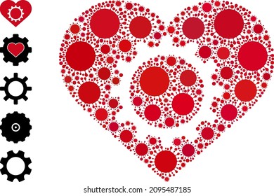 Love gear mosaic icon. Vector mosaic is created of scattered virulent icons. Covid mosaic love gear icon and additional icons. Love gear mosaic for medical templates.