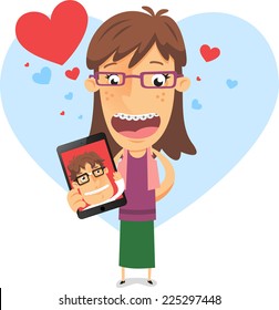 In love geek girl holding a tablet with nerd boyfriend vector illustration, with heart shape background and many hearts in different sizes in red and blue.