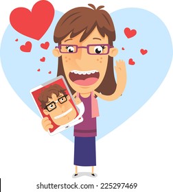 In love geek girl holding a tablet with nerd boyfriend vector illustration, with heart shape background and many hearts in different sizes in red and blue.