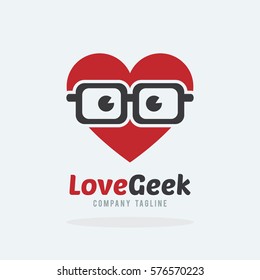 Love geek with hipster glasses logo template. Heart avatar wearing nerd glasses logo.