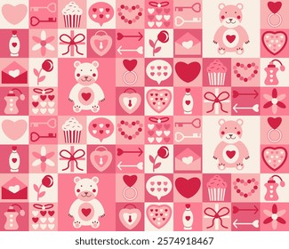 Love geometric seamless pattern. Children cute cover design in flat style. Valentine's day heart, bear, sweets simple shapes icons make mosaic endless background for sale banner print wrapping