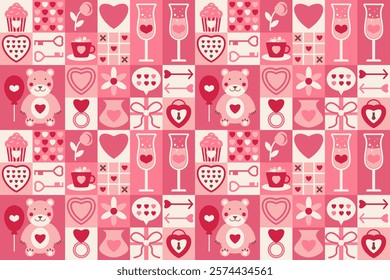 Love geometric seamless pattern. Trendy minimalist geometry cover design in flat style. Valentine's day heart, bear, sweets simple shapes icons make mosaic endless background for sale banner print.