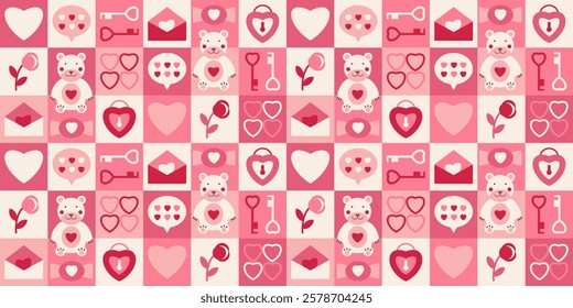 Love geometric seamless pattern. Trendy minimalist neo geo cover design in flat style. Valentine's day heart, bear, sweets simple shapes icons make mosaic endless background for sale banner print.