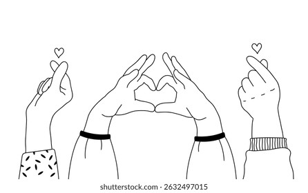 Love gesture hands set in doodle style. Human hands sketch with arms raised in gestures like heart-finger symbol and korean heart on a white background, vector illustration.