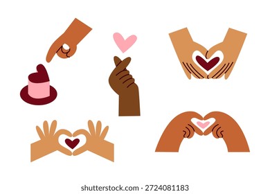 Gesto de amor definido. Mãos com várias cores de pele formam um coração dos dedos. Símbolo do dia do amor e dos namorados.