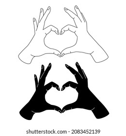 Love gesture vector illustration. Two pairs of hands, outline and black silhouette, making heart shape, isolated on white background. Flat and line style.