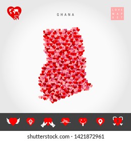 I Love Ghana. Red and Pink Hearts Pattern Vector Map of Ghana Isolated on Grey Background. Love Icon Set.