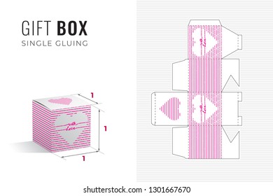 With Love Gift Box Die Cut Cube Template with 3D Preview - Black Blueprint Layout with Cutting and Scoring Lines over Pink Calligraphic Lettering in Heart Shape on White - Vector Packaging Design