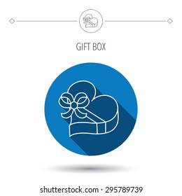 Love gift box icon. Heart with bow sign. Blue flat circle button. Linear icon with shadow. Vector