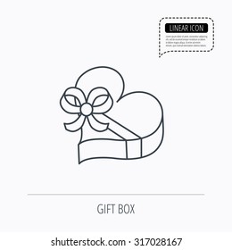 Love gift box icon. Heart with bow sign. Linear outline icon. Speech bubble of dotted line. Vector