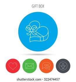 Love gift box icon. Heart with bow sign. Mail, download and speech bubble buttons. Like symbol. Vector