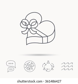 Love gift box icon. Heart with bow sign. Global connect network, ocean wave and chat dialog icons. Teamwork symbol.