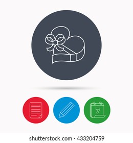 Love gift box icon. Heart with bow sign. Calendar, pencil or edit and document file signs. Vector