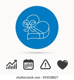 Love gift box icon. Heart with bow sign. Calendar, attention sign and growth chart. Button with web icon. Vector