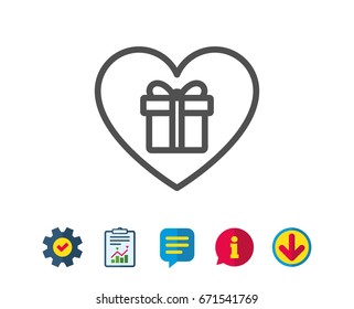 Love Gift box line icon. Present or Sale sign. Birthday Shopping symbol. Package in Gift Wrap. Report, Service and Information line signs. Download, Speech bubble icons. Editable stroke. Vector
