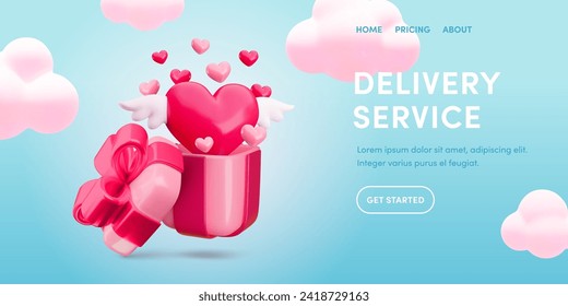 Love Gift delivery service landing page template. Valentine's day gift delivery web banner concept with 3d vector gift box and flying heart with wings, cute clouds. Fast holiday delivery web sitelove