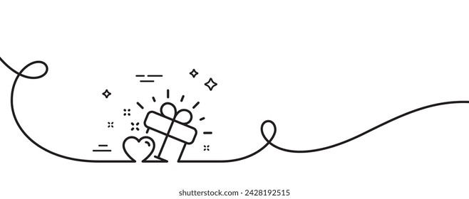 Love gift line icon. Continuous one line with curl. Heart present sign. Valentine day symbol. Love gift single outline ribbon. Loop curve pattern. Vector