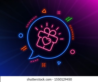 Love gift line icon. Neon laser lights. Heart present box sign. Dating profile symbol. Glow laser speech bubble. Neon lights chat bubble. Banner badge with love gift icon. Vector