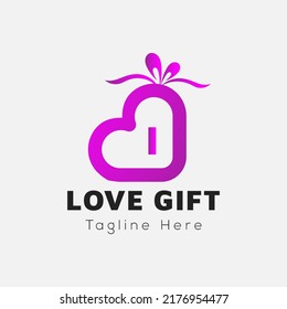 Love Gift Logo On Letter I Template. Gift On I Letter, Initial Gift Sign Concept	