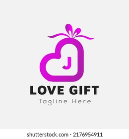 Love Gift Logo On Letter J Template. Gift On J Letter, Initial Gift Sign Concept	