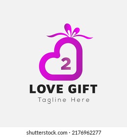 Love Gift Logo On Letter 2 Template. Gift On 2 Letter, Initial Gift Sign Concept	