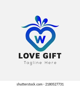 Love Gift Logo On Letter W Template. Gift On W Letter, Initial Gift Sign Concept
