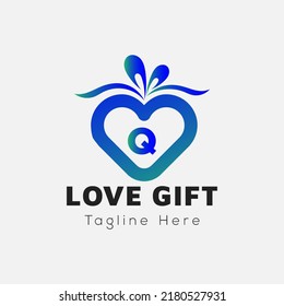 Love Gift Logo On Letter Q Template. Gift On Q Letter, Initial Gift Sign Concept