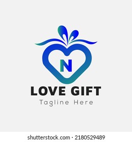 Love Gift Logo On Letter N Template. Gift On N Letter, Initial Gift Sign Concept