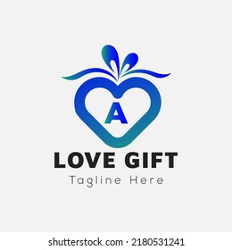 Love Gift Logo On Letter A Template. Gift On A Letter, Initial Gift Sign Concept
