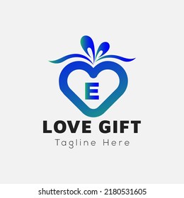 Love Gift Logo On Letter E Template. Gift On E Letter, Initial Gift Sign Concept