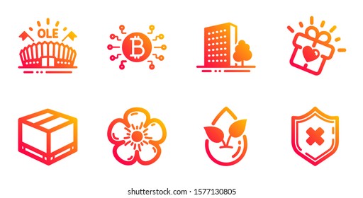 Love gift, Organic product and Natural linen line icons set. Delivery box, Sports arena and Buildings signs. Bitcoin system, Reject protection symbols. Heart present, Leaf. Business set. Vector
