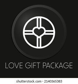 Paquete de regalo de amor icono mínimo de línea vector sobre botón 3D aislado en fondo negro. Vector Premium.
