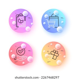 Love gift, Sale bags and Approved checkbox minimal line icons. 3d spheres or balls buttons. Report icons. For web, application, printing. Heart, Shopping cart, Verification. Presentation chart. Vector