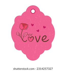 Love gift tag with rose flower and hearts. Pink kraft carton label with the inscription Love. Vector illustration isolated