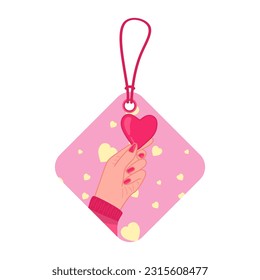 Love gift tag with a woman's hand holding pink heart. Beautiful carton label with hearts isolated on white background. Vector illustration