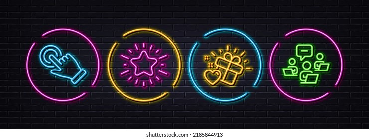 Love gift, Touchscreen gesture and Twinkle star minimal line icons. Neon laser 3d lights. Teamwork icons. For web, application, printing. Heart, Click hand, Best rating. Remote work. Vector