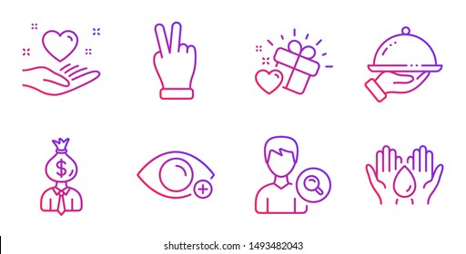 Love gift, Victory hand and Restaurant food line icons set. Farsightedness, Manager and Search people signs. Hold heart, Safe water symbols. Heart, Gesture palm. People set. Vector