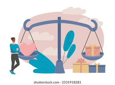 Amor o regalos. El hombre se para cerca de la escala enorme con el corazón y las cajas de regalo. Actividad romántica. Generosidad o romance. Emociones o regalos. Ilustración vectorial plana aislada sobre fondo blanco