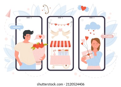 Love gifts on screens of mobile phones vector illustration. Cartoon happy girlfriend holding present with hearts, boyfriend with flowers bouquet, amour arrow and bow, doves. Valentines day concept