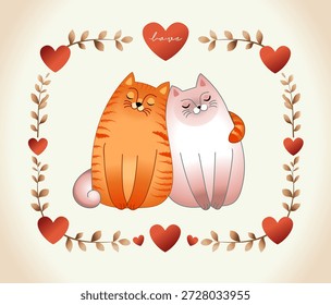 Liebe. Eine Ingwer-Katze und eine weiße Katze sitzen in einem Gestell aus Herzen und Zweigen zusammenkuschelt. Eine Karte, ein Poster, eine Illustration zum Valentinstag, Jahrestag, Hochzeit, Verlobung oder Jahrestag.