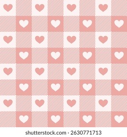 Amo gingham padrão sem costura. Fundo rosa com xadrez com corações. Textura têxtil para guardanapo, cobertor e lançamento. 