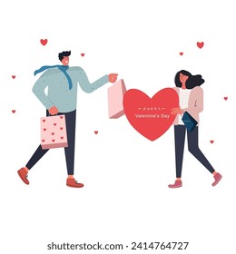 En el amor, una chica y un niño se felicitan mutuamente en el Día de San Valentín y dan regalos. Ilustración plana