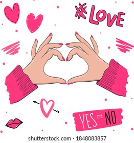 Love girls vector set. Hands, hearts, lips, strokes, pink